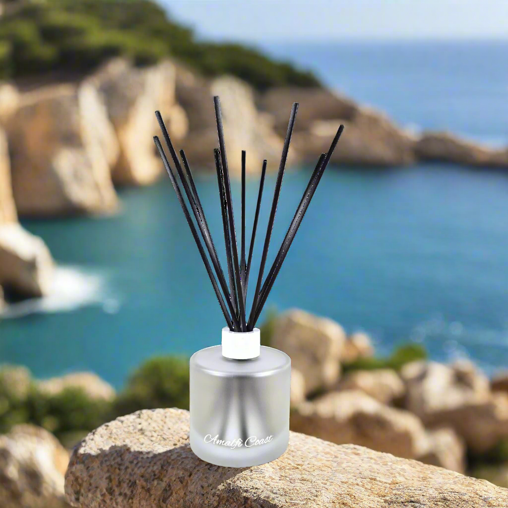 Silver diffuser with black sticks on a white background