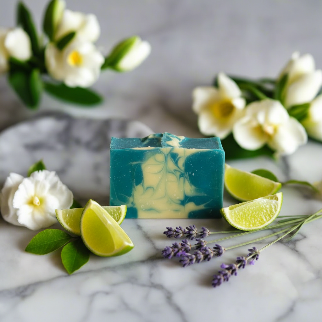Bar of green and yellow soap on a marble surface with white flowers in the background