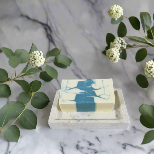 Marble soap dish with a bar of soap and green leaves on a marble background
