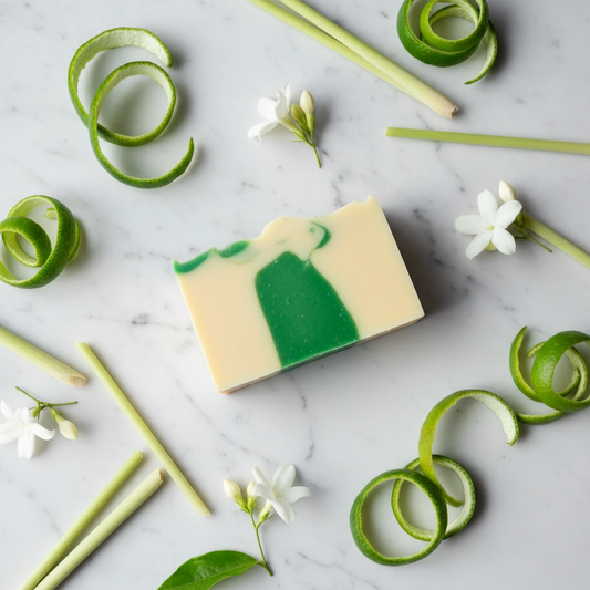 Rectangular bar of soap with green and beige stripes on a blue background