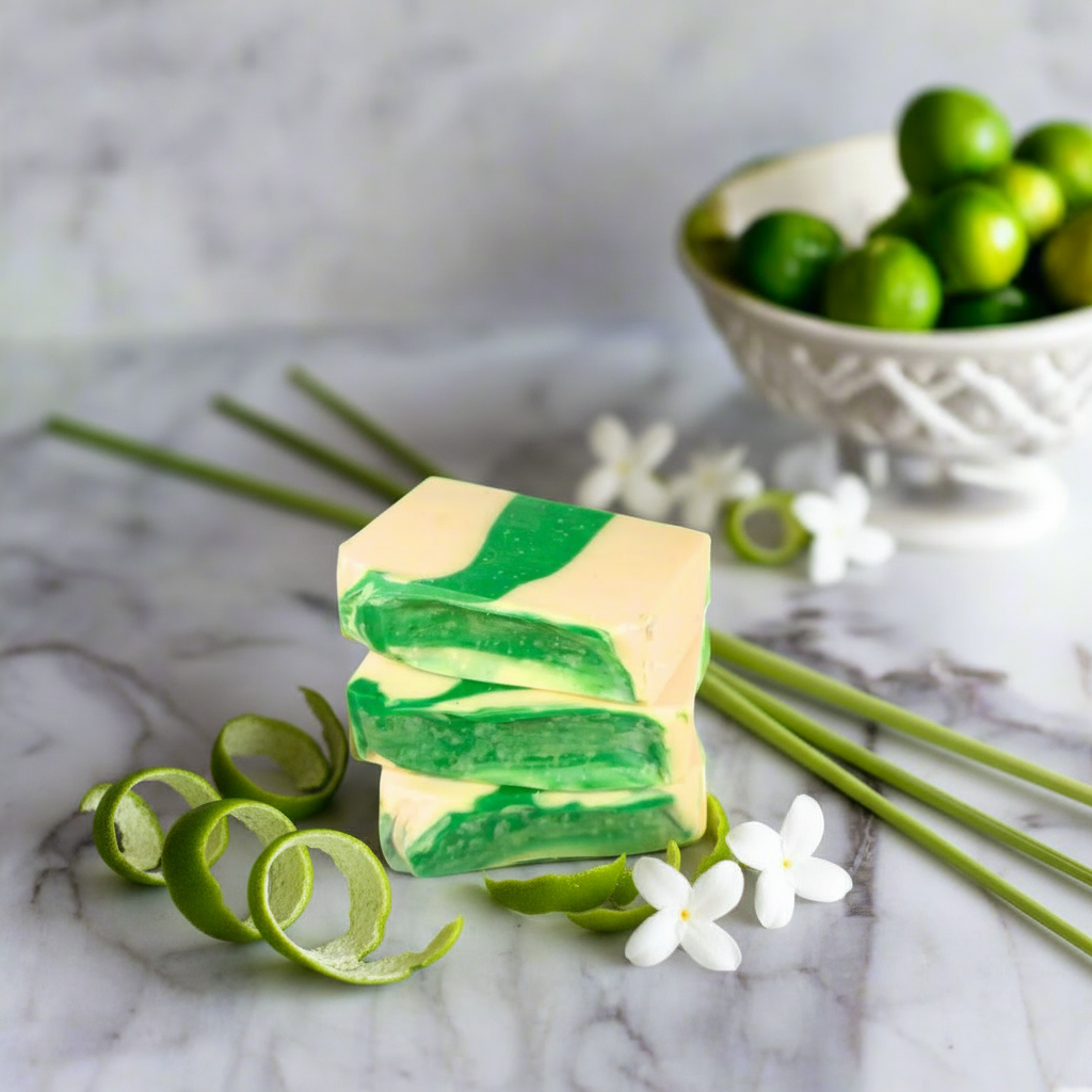 Green and beige striped bar of soap on a blue background