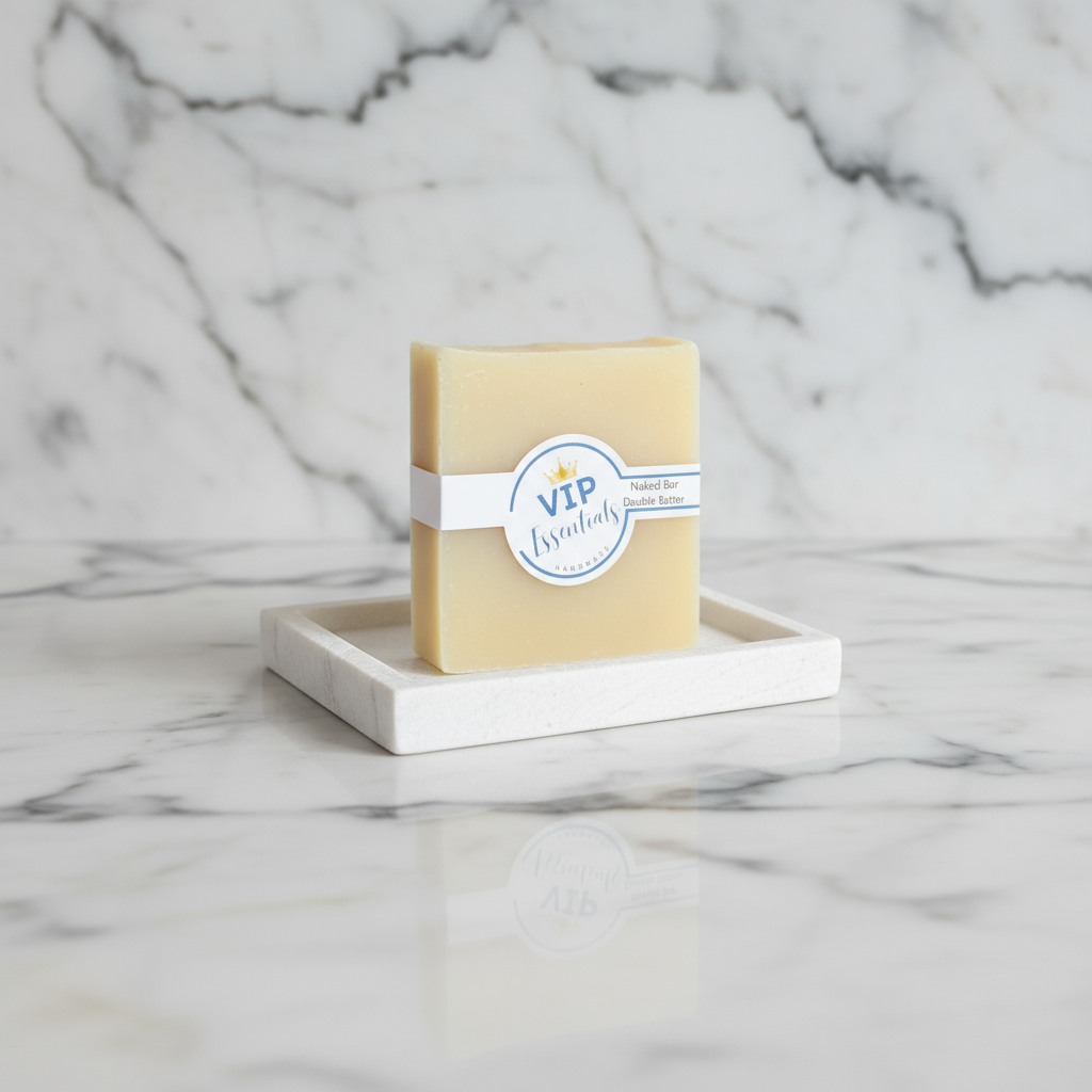 Bar of soap with a 'VIP Essentials' label on a white background