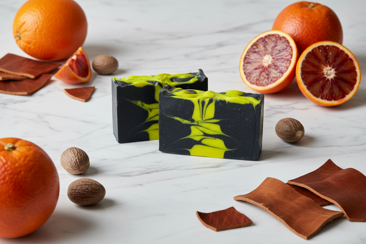 Three black and green marbled soap bars on a white surface with oranges and nuts around them.