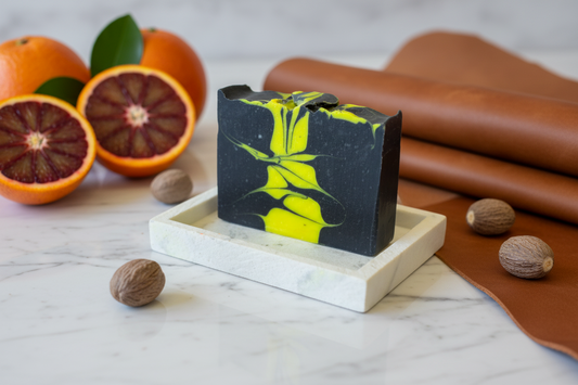 Bar of soap with black and yellow design on a white soap dish against a blue background