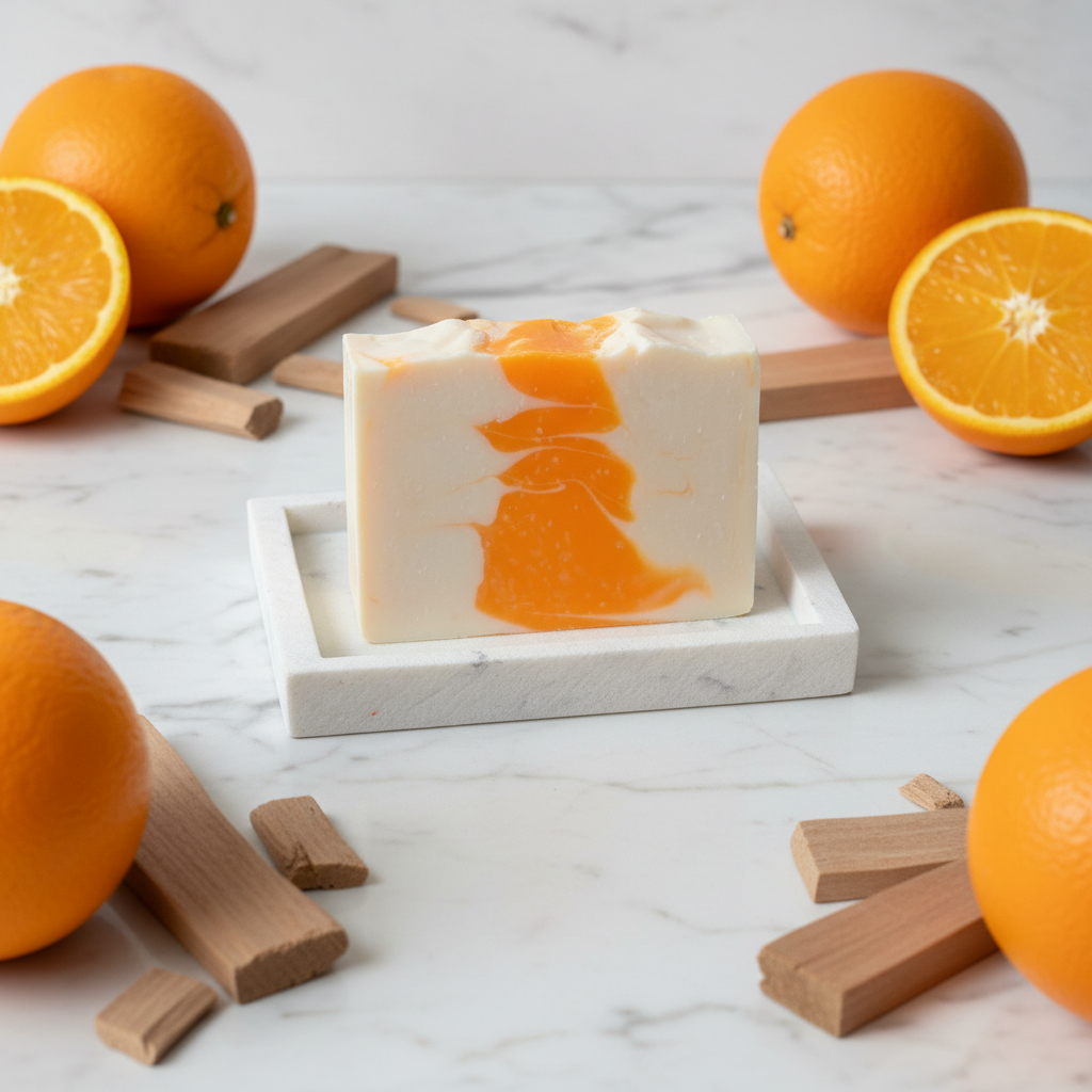 Bar of soap with orange design on a white tray against a blue background