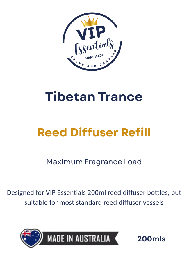 Product information card for VIP Essentials Tibetan Trance Reed Diffuser Refill, 200ml, with a VIP Essentials logo at the top, product name in orange text, and a Made in Australia badge at the bottom.