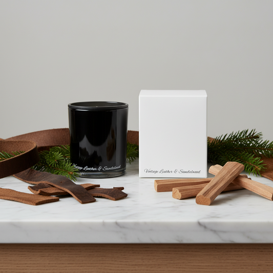 A black glass jar candle with a matching black lid sits next to its white cardboard packaging box on a plain white background. Both the candle and the box are printed with the scent name 'Vintage Leather & Sandalwood' in black script.