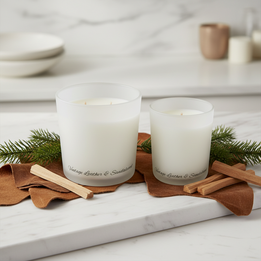 Two white scented candles in frosted glass jars on a plain white background, one larger and one smaller, both with single wicks and cursive text near the base.