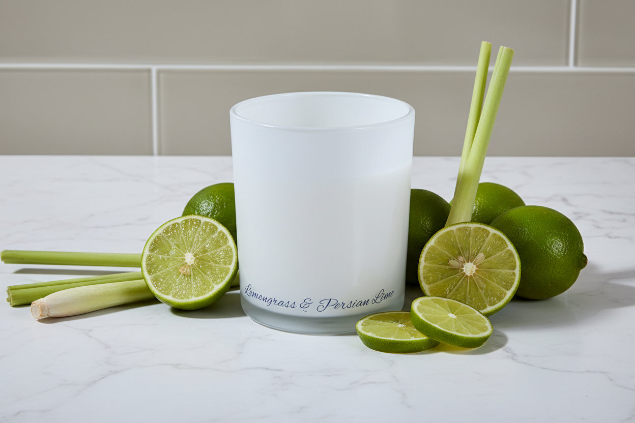 White candle in a glass jar with 'Lemongrass & Persian Lime' text on a neutral background