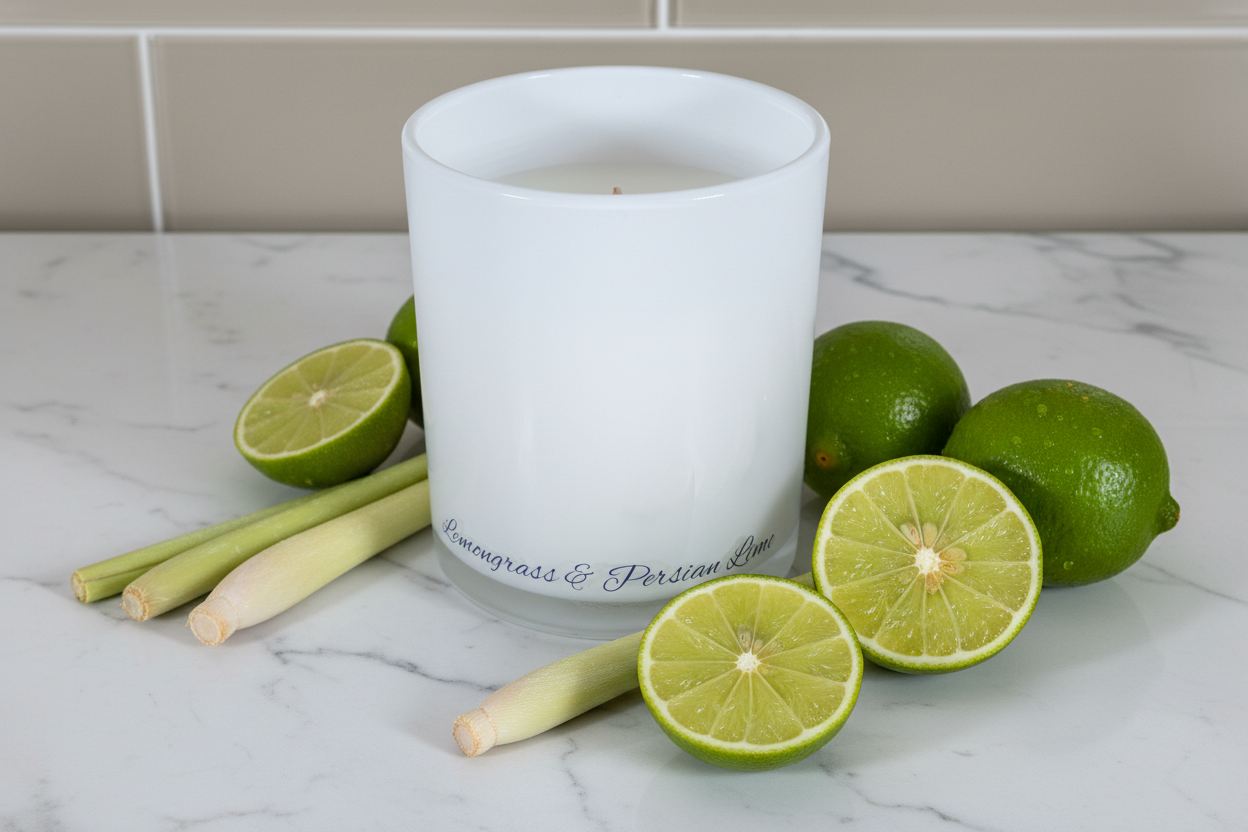 White candle with lemongrass and Persian lime scent on a marble surface with limes and lemongrass stalks.