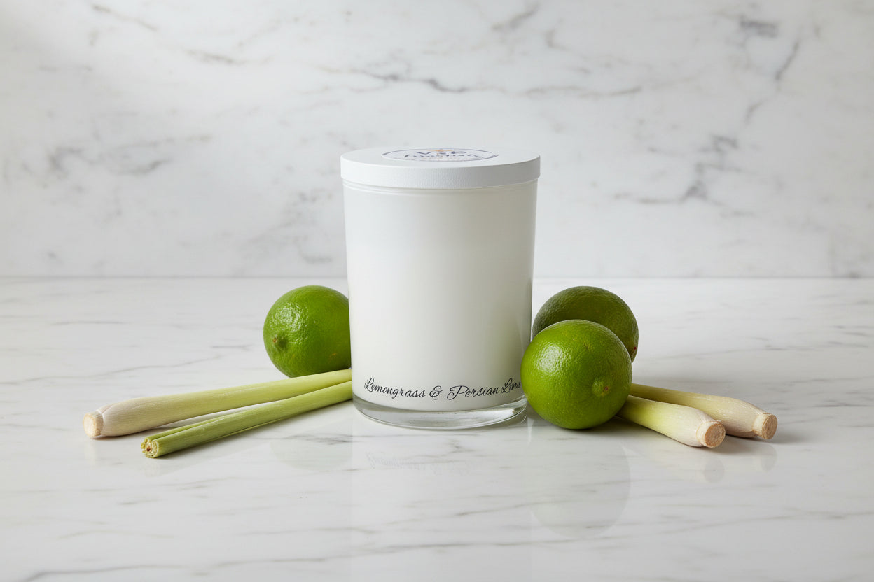 White candle with 'Essentials' branding next to a box labeled 'Essentials'.