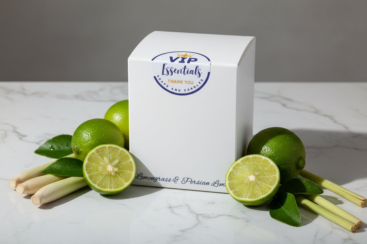 White box with 'VIP Essentials' branding and product description on a tiled background