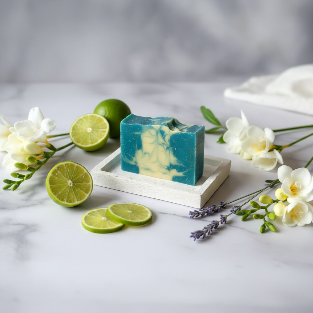 Green and yellow soap bar on a white dish with a blue background