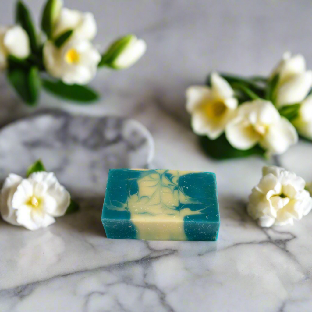 Bar of green and yellow soap on a marble surface with white flowers in the background