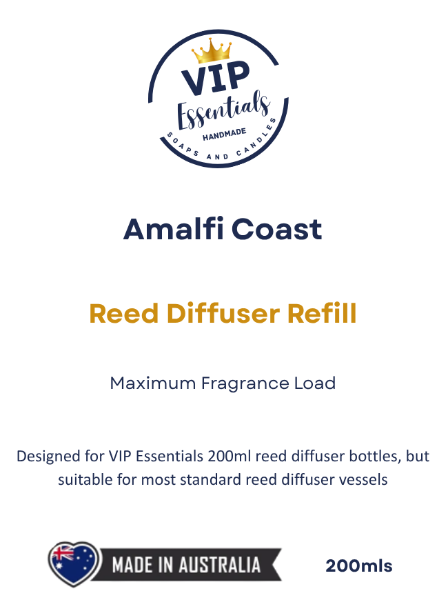 A product information card for 'Amalfi Coast Reed Diffuser Refill' by VIP Essentials. The card features a white background with navy blue and orange text, a VIP Essentials logo at the top, and a 'Made in Australia' badge at the bottom.