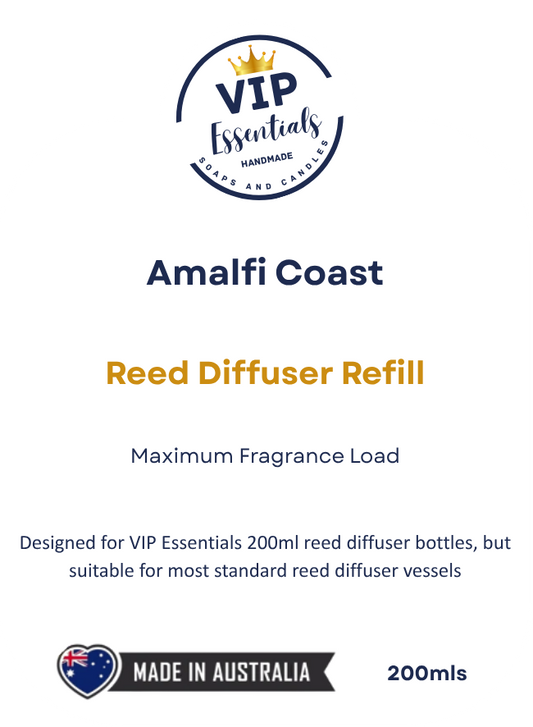 A product information card for 'Amalfi Coast Reed Diffuser Refill' by VIP Essentials. The card features a white background with navy blue and orange text, a VIP Essentials logo at the top, and a 'Made in Australia' badge at the bottom.