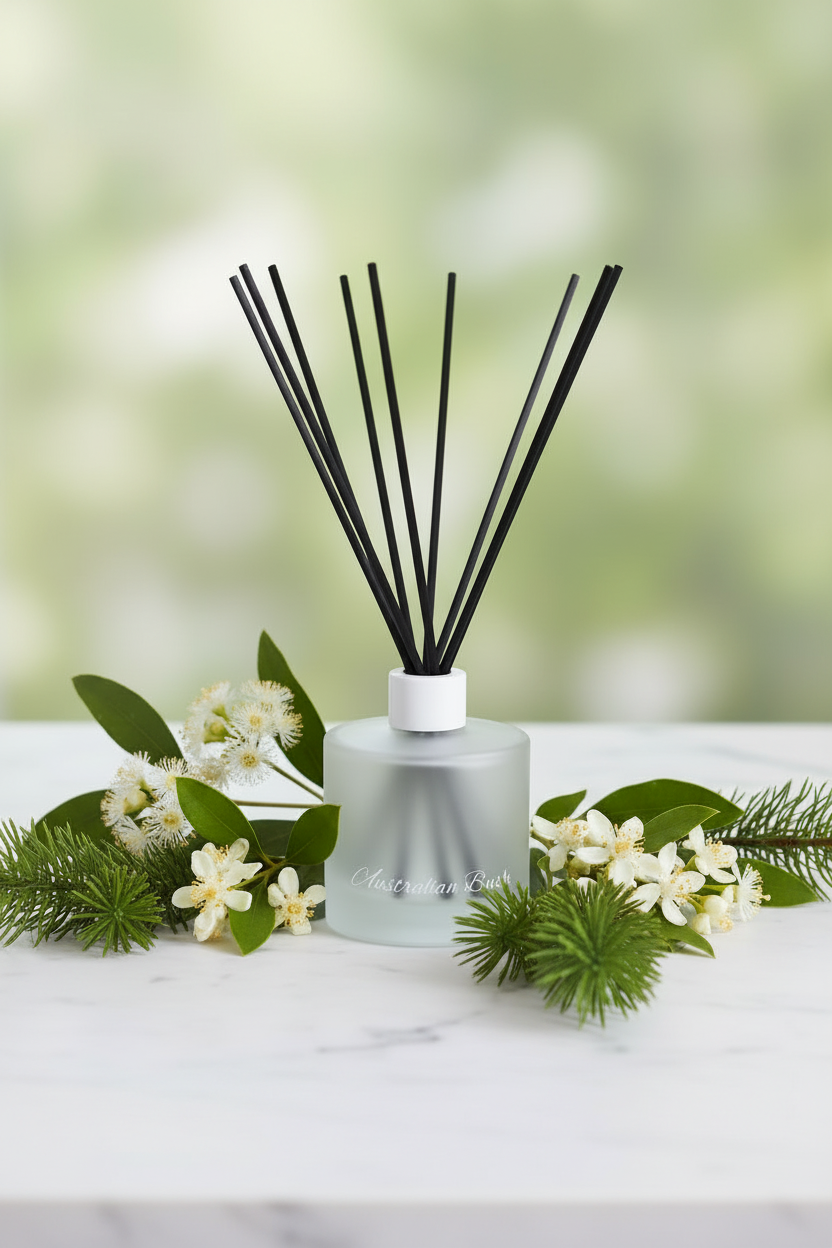 A frosted glass reed diffuser bottle with black reed sticks, styled on a white marble surface with green leaves, pine needles, and small white flowers against a soft green bokeh background.