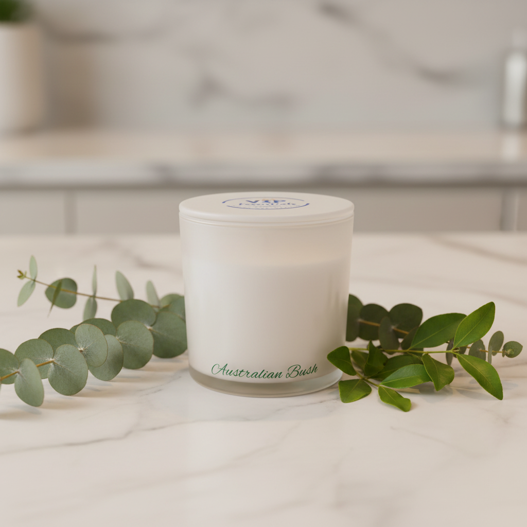 White candle jar with 'Australian Bush' text on a blue background