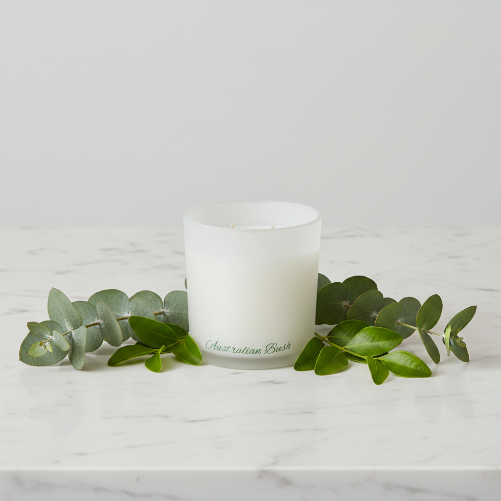White candle in a glass container with 'Australian Bush' branding on a blue background