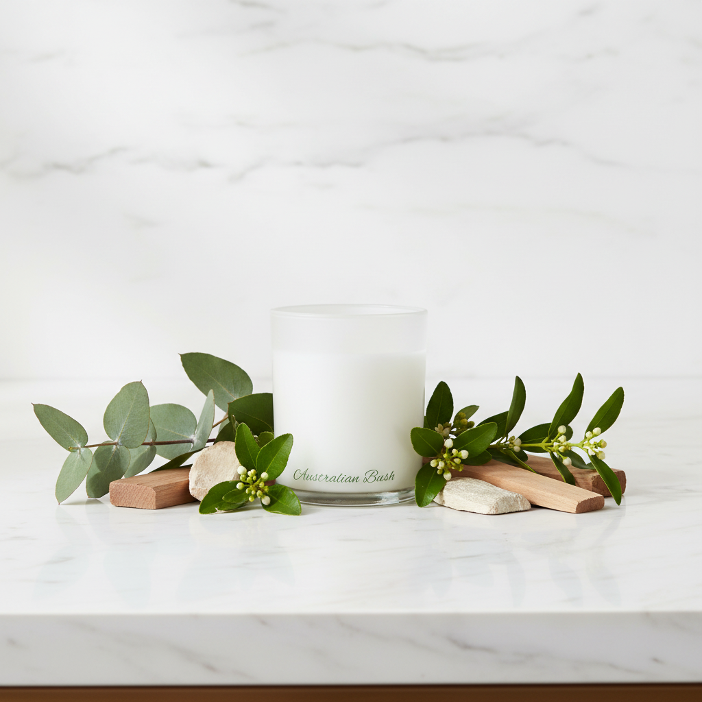 Glass candle with 'Australian Bush' text on a white background
