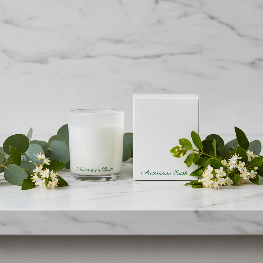 Frosted glass candle and white box with 'Australian Bush' branding on a white background