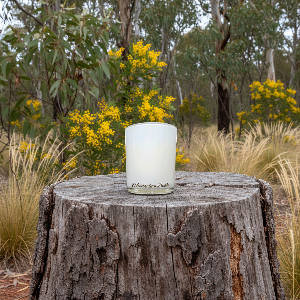 White candle labeled 'Australian Bush' on a wooden stump with a natural background of trees and yellow flowers.