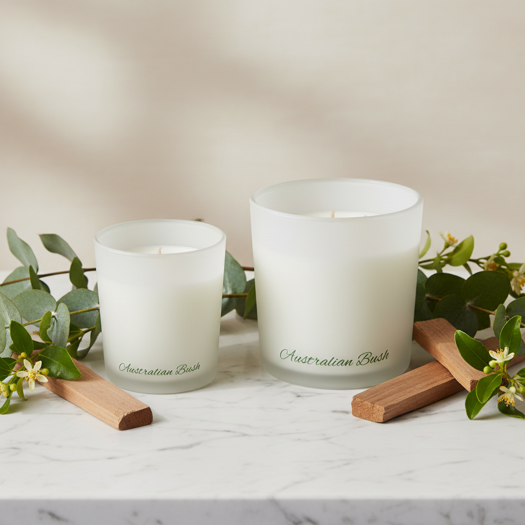 Two white candles in glass containers with 'Australian Bush' branding on a white background