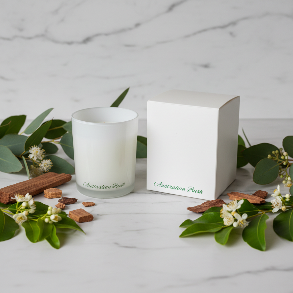 White candle in a glass container with a white box labeled 'Australian Bush' on a white background