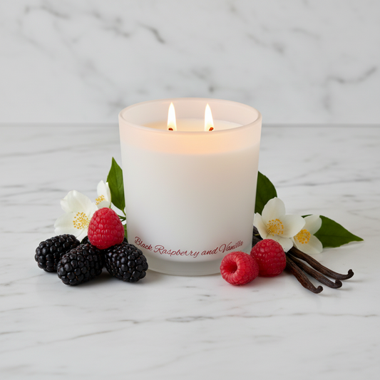 A frosted glass jar candle with two wicks, filled with pale cream-colored wax. The bottom of the jar features red cursive text reading 'Fruited Raspberry and Vanilla'.