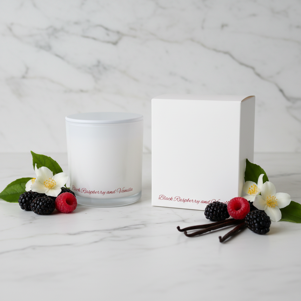 A frosted glass candle jar with a white lid next to its white cardboard packaging box, both featuring the scent name 'Black Raspberry and Vanilla' in red script.