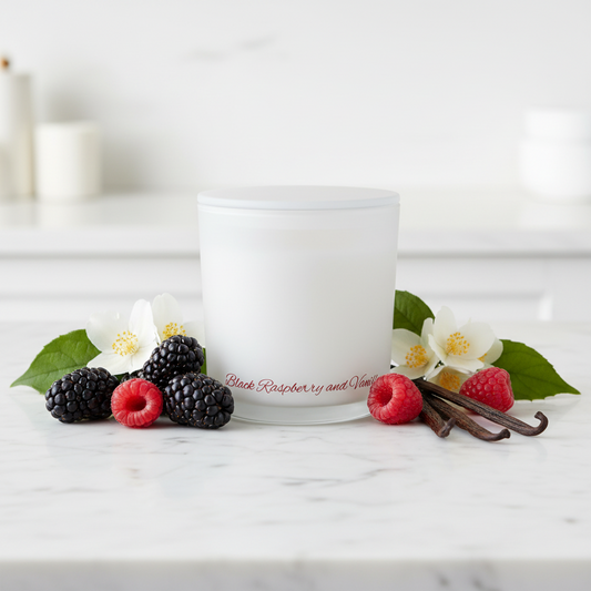 A frosted glass jar candle with a white lid, featuring the scent name 'Black Raspberry and Vanilla' printed in red cursive near the bottom, set against a plain white background.