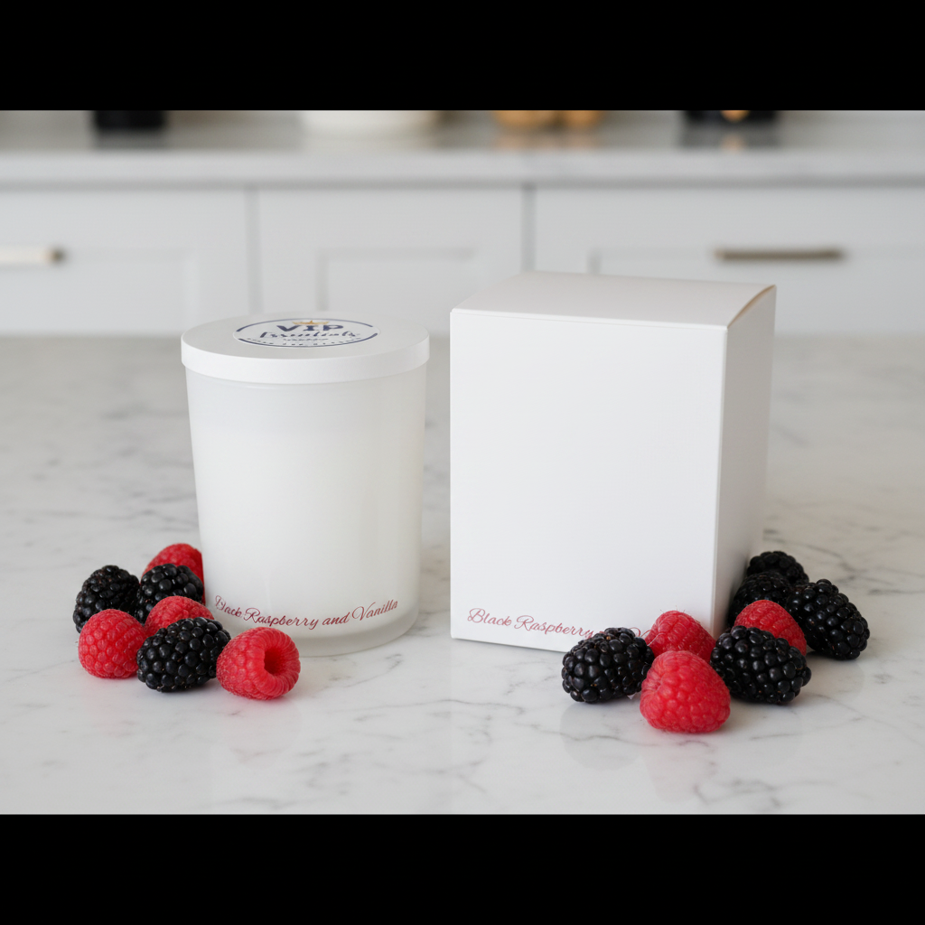 A white glass jar candle with a white lid next to its white cardboard box, both featuring 'Black Raspberry and Vanilla' text. The lid has a circular logo for 'VIP Candle Co.