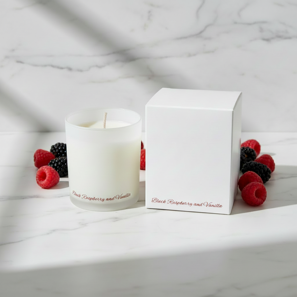 A white glass jar candle with a single wick next to its plain white box, both featuring 'Black Raspberry and Vanilla' printed in brown script, set against a solid blue background.