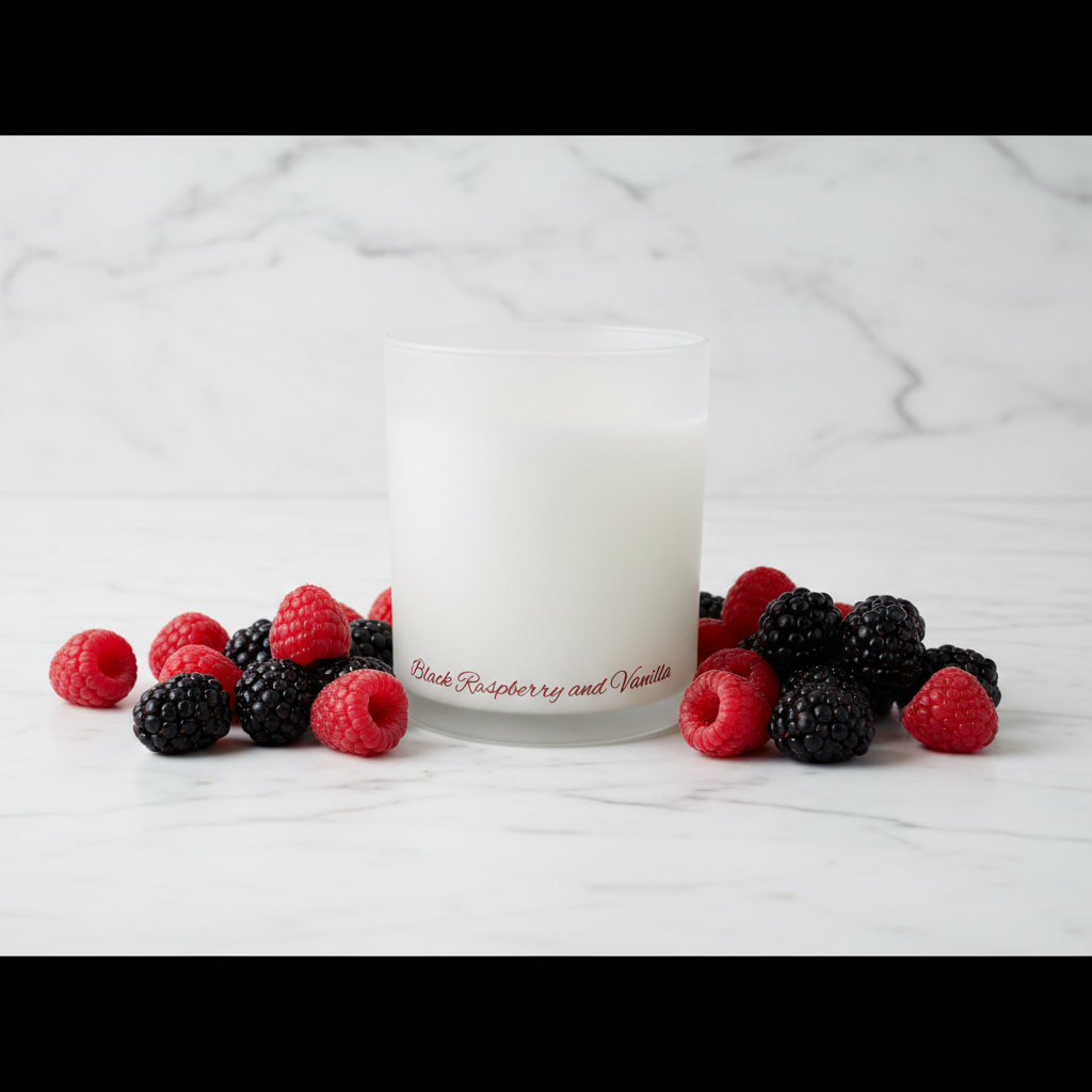A frosted glass candle jar with the scent name 'Black Raspberry and Vanilla' printed in red cursive script near the bottom, shown against a plain white background.