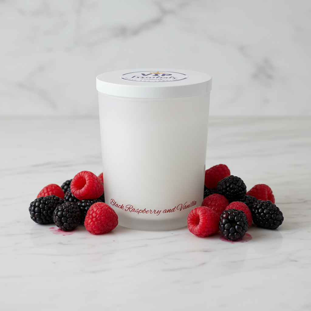 A frosted white plastic jar candle with a white lid, featuring a circular logo for 'VIP Hygiene Products' and red cursive text near the bottom reading 'Black Raspberry and Vanilla'.
