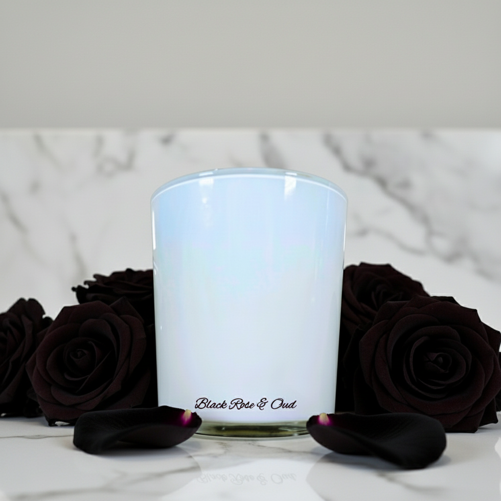 White candle in a glass container with 'Black Rose & Oud' text on a blue background