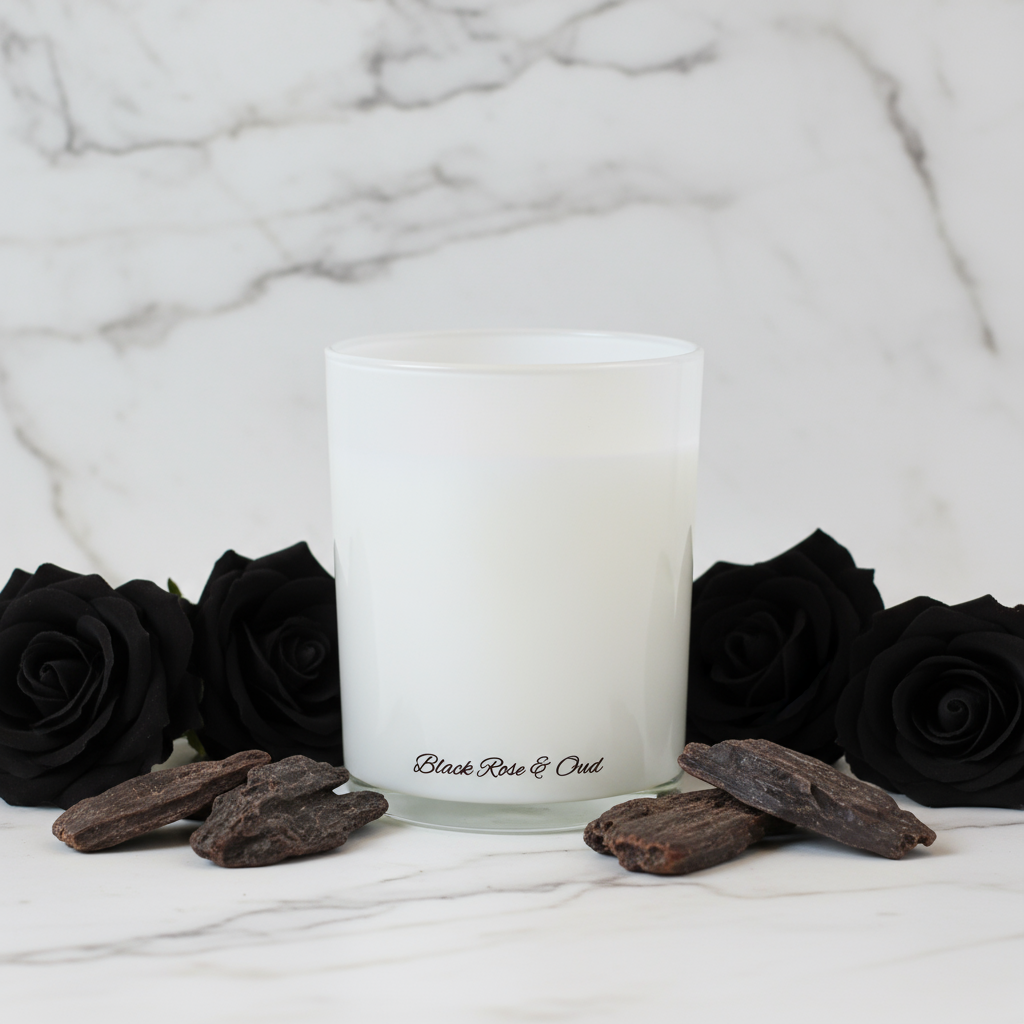 White candle labeled 'Black Rose & Oud' with black roses and dark wood pieces on a marble surface.