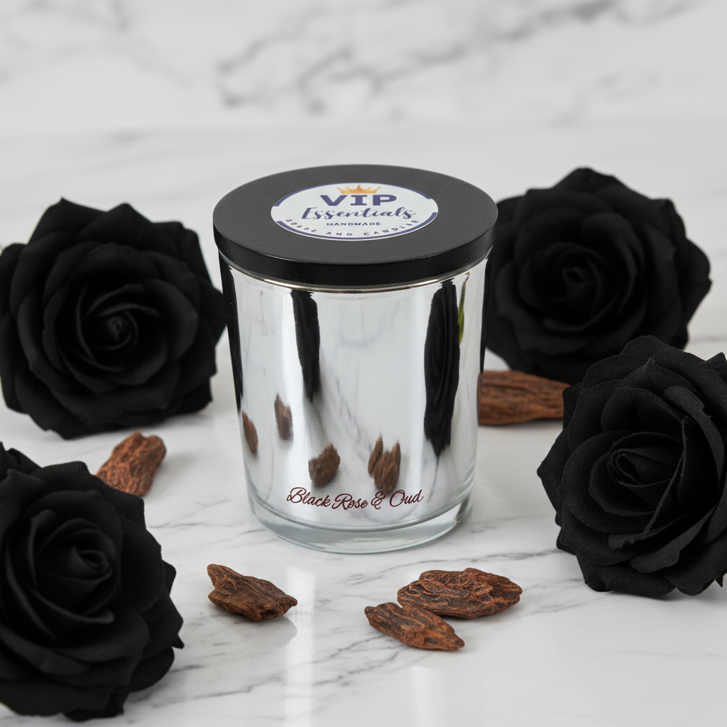 Silver candle jar with black lid surrounded by black roses and cinnamon sticks on a marble surface