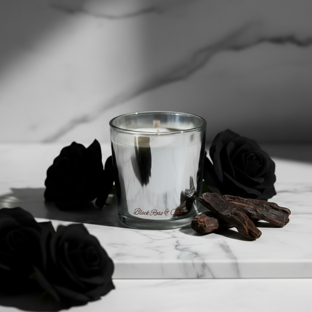 Candle with black roses and dark wood pieces on a marble surface