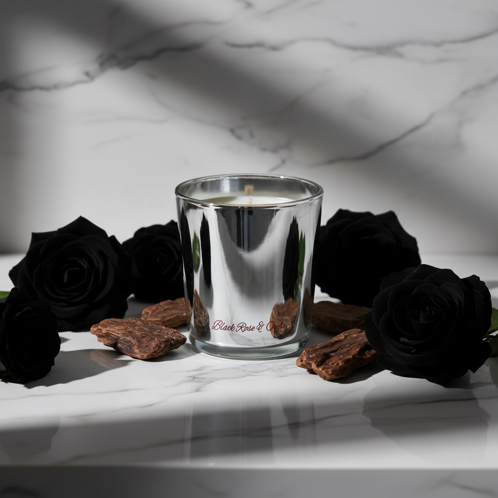 Silver candle holder with a lit candle inside on a white background