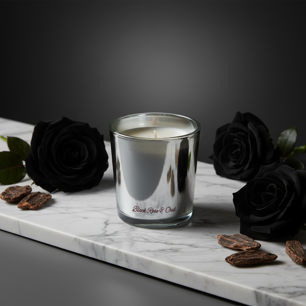 Silver candle in a glass holder with black roses on a marble surface
