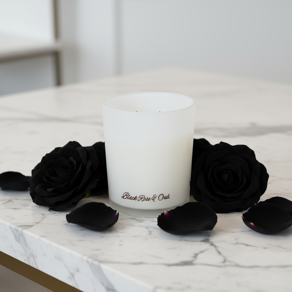 White candle labeled 'Black Rose & Oak' with black roses on a marble surface