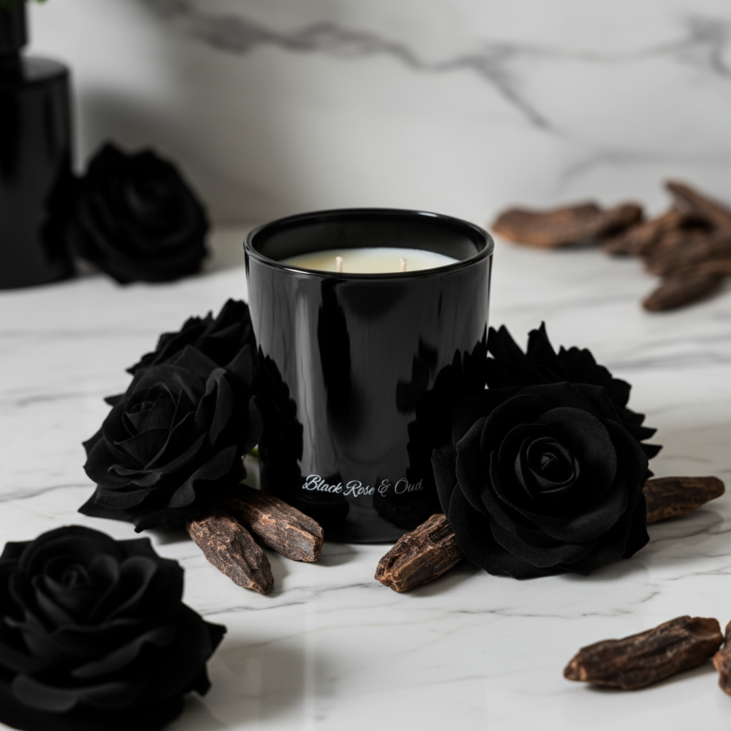 Black candle with 'Black Rose & Oud' branding on a white background