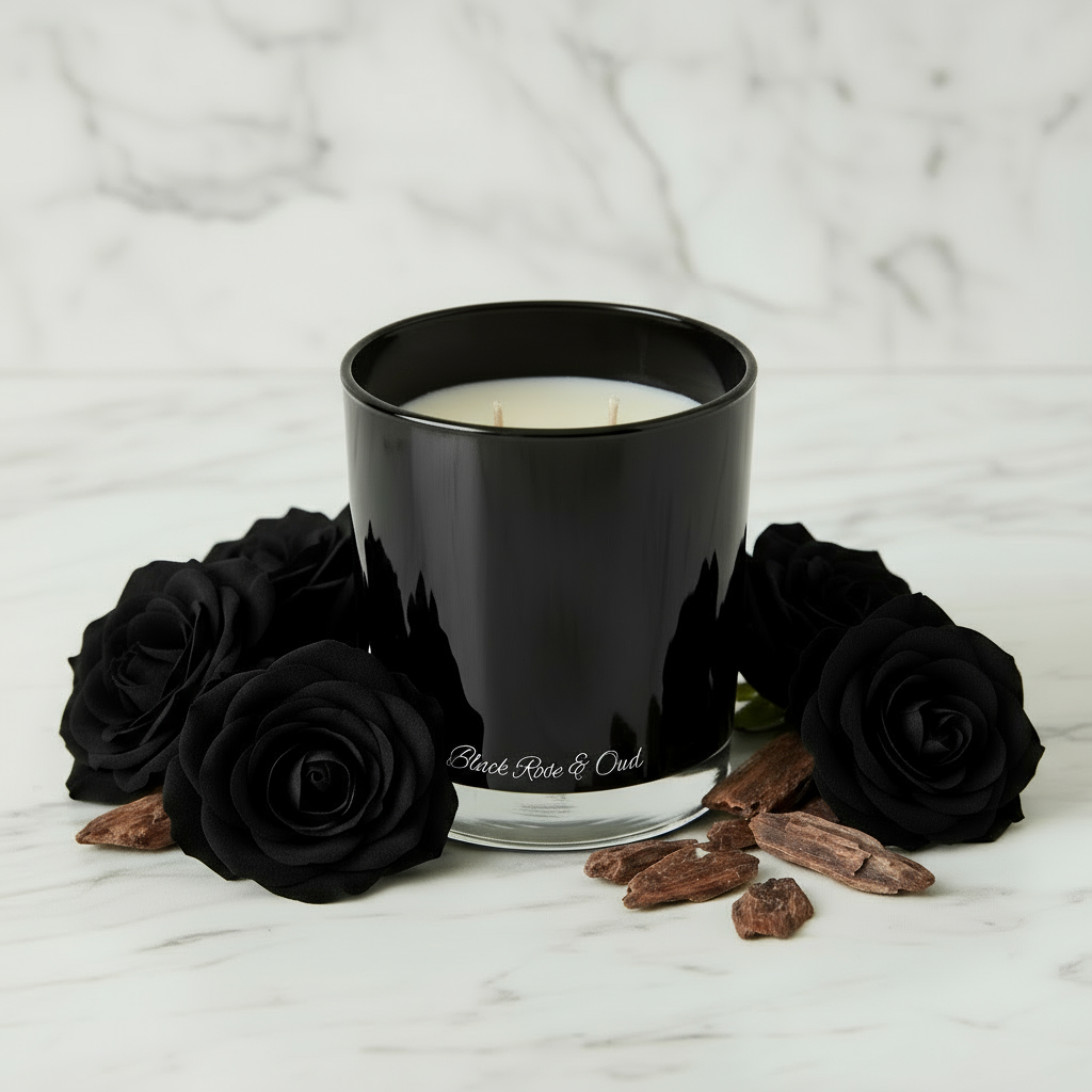 Black candle with 'Black Rose & Co.' branding surrounded by black roses and cinnamon sticks on a marble surface.