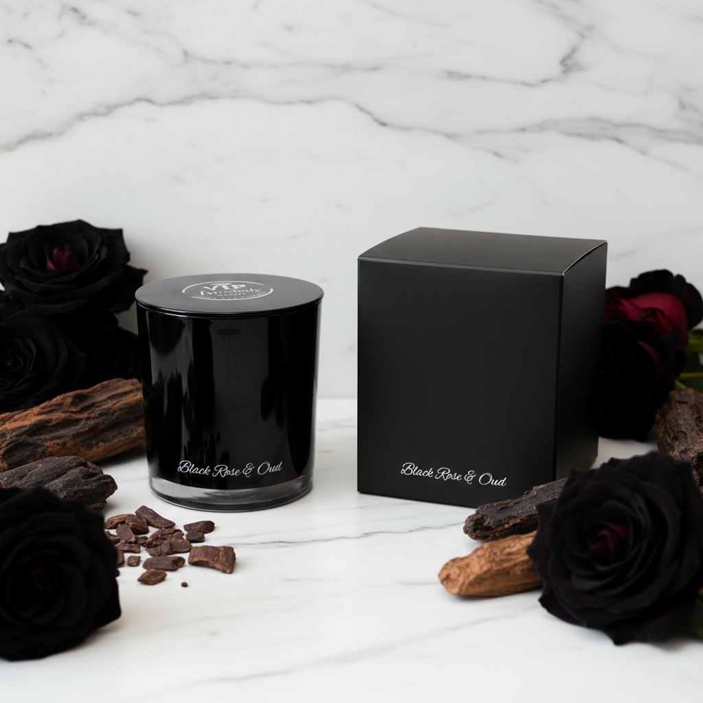 Black candle and packaging with 'Black Rose & Oud' branding on a marble surface.