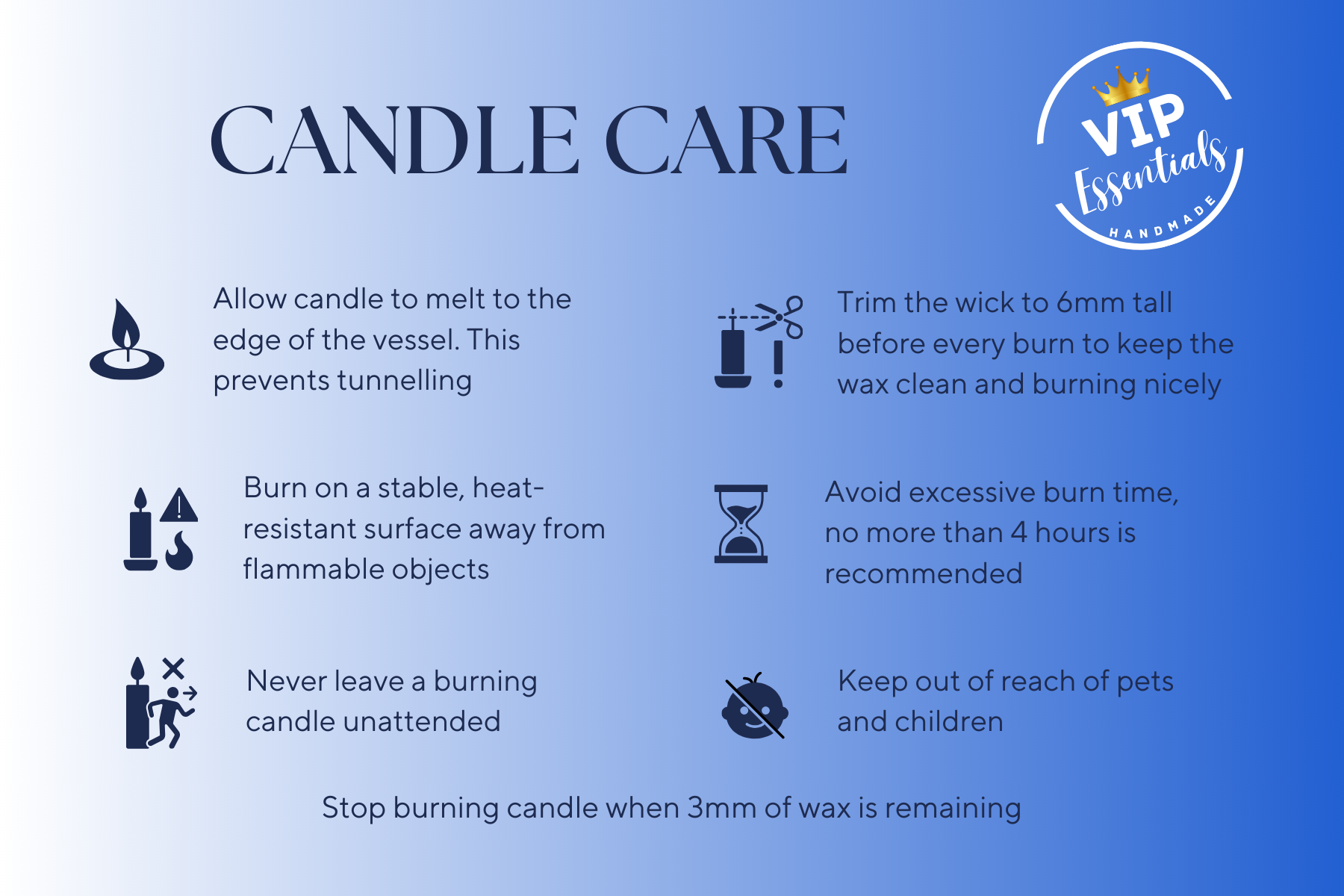 Candle care instructions with icons and VIP Essentials branding on a blue background