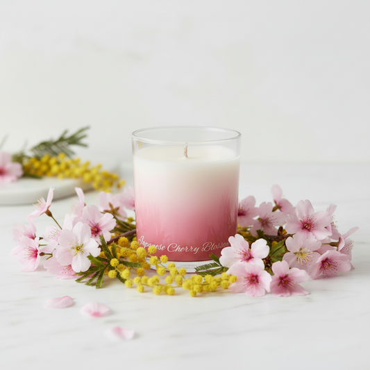 A single-wick candle with a pink-to-white gradient wax design inside a clear glass jar, labeled 'Japanese Cherry Blossom' in white script, set against a solid blue background.
