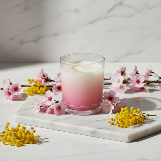A glass jar candle with a cherry blossom gradient wax design, transitioning from cream at the top to pink in the middle and deep red at the bottom, set against a solid blue background.