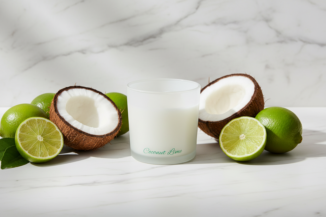 White candle in a glass container with 'Coconut Lime' text on a white background