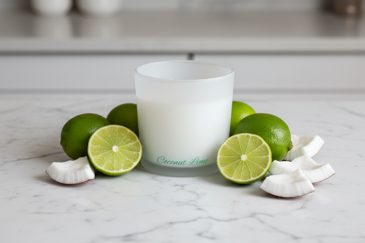 Candle labeled 'Coconut Lime' surrounded by limes and coconuts on a marble surface